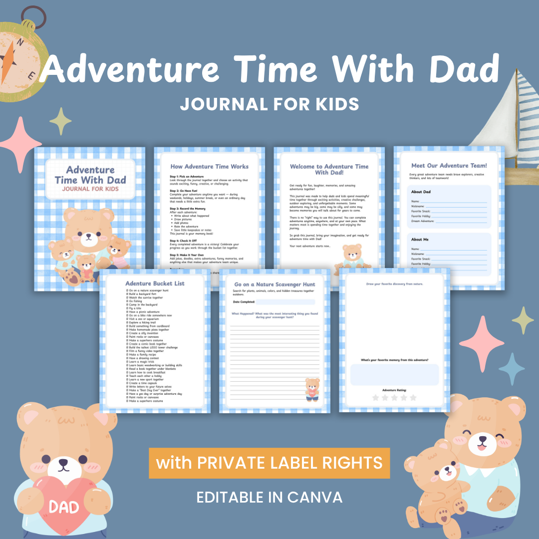 Adventure Time With Dad – a 67-page printable activity journal for dads and kids featuring an adventure bucket list, memory recording pages, and drawing prompts