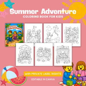 Summer Adventure Coloring Book for Kids editable Canva template with 3 cover options and 30 brick toy-inspired coloring pages for children ages 4–8.