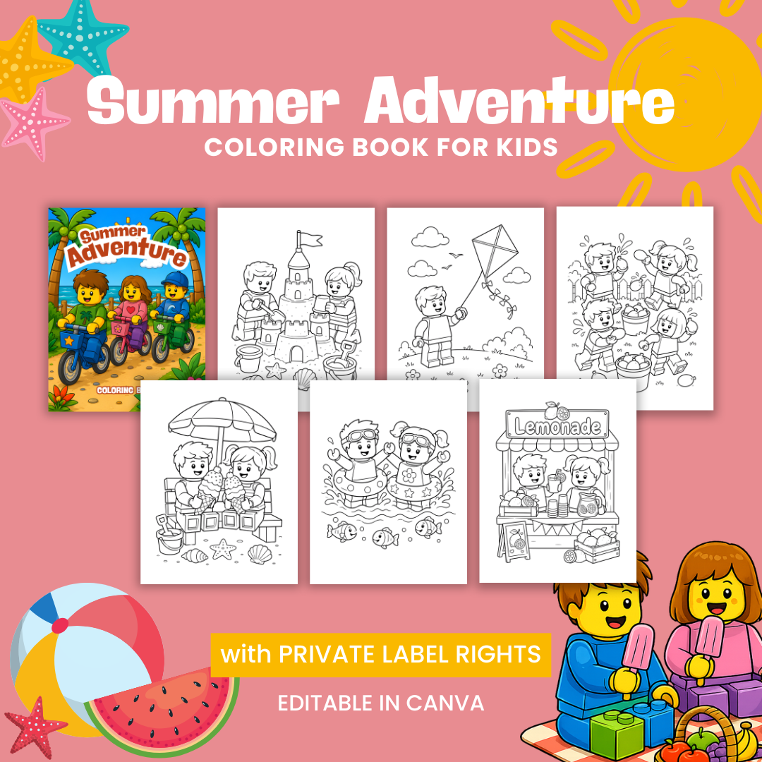 Summer Adventure Coloring Book for Kids editable Canva template with 3 cover options and 30 brick toy-inspired coloring pages for children ages 4–8.